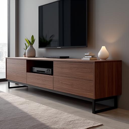 Ein langes, flaches Sideboard aus dunklem Nussbaumholz für Mediengeräte.