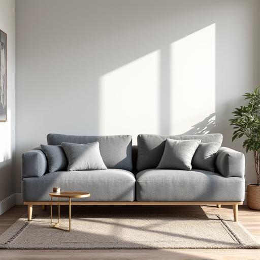 Ein modernes, graues Sofa und ein passender Sessel in einem hellen Raum.