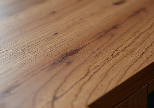 Detailaufnahme einer Holzmaserung eines Tisches im Showroom.